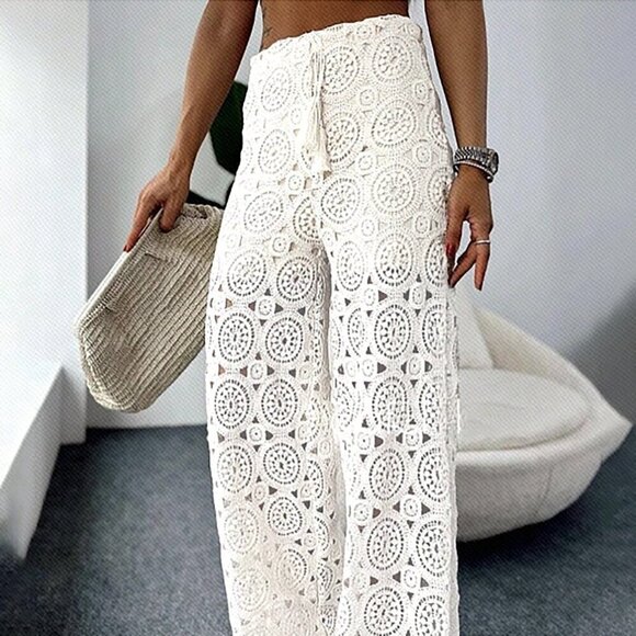 Pants - Beige Boho Women's Summer Vacation Beach Lace Crochet Hollow Out Wide Leg Pants